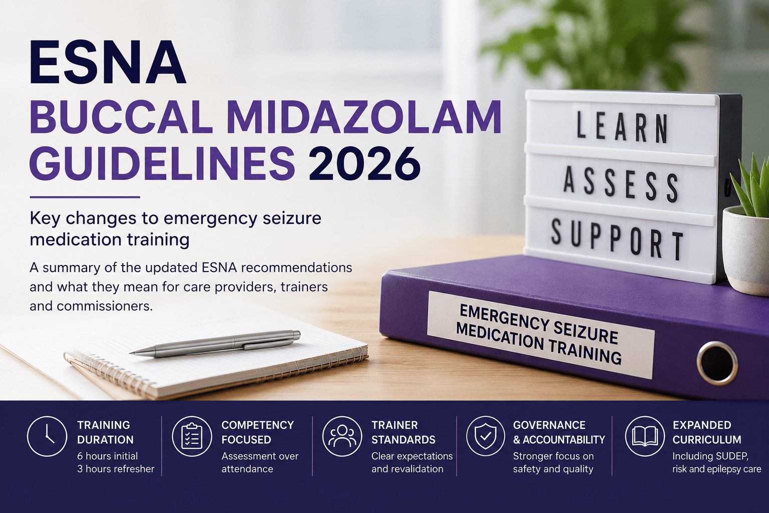 ESNA Buccal Midazolam Guidelines 2026 summary highlighting key changes to emergency seizure medication training, competency assessment, trainer standards and governance.